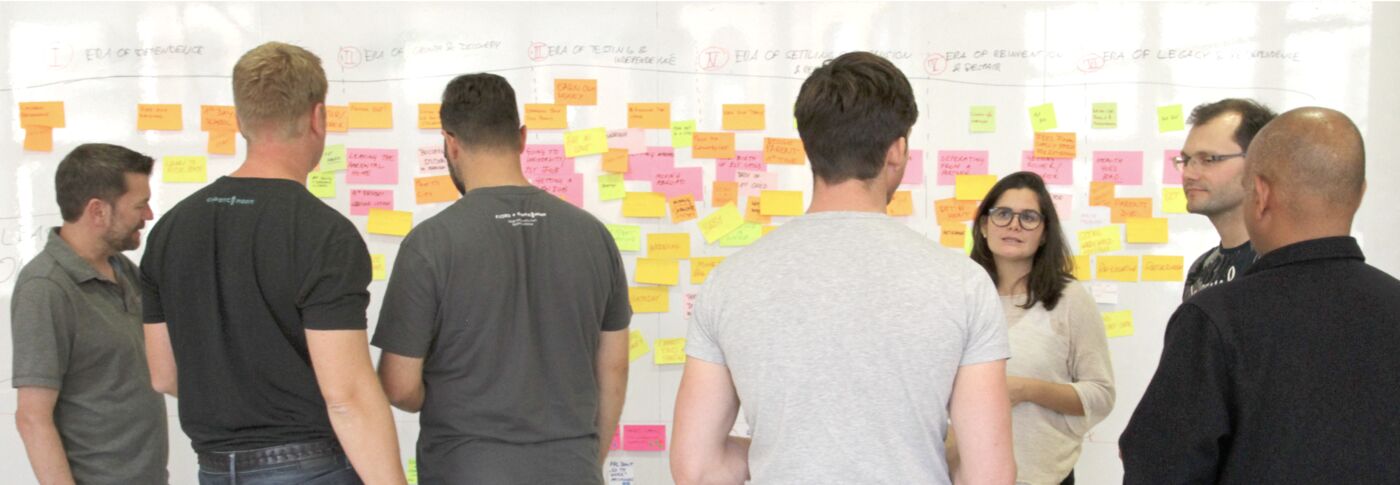 A Fjord workshop: six people stand in front of a whiteboard covered in sticky notes that chart the stages of a person's life