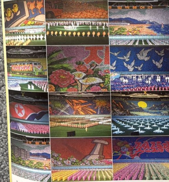 Grid of photographs of North Korean Mass Games mosaics, from the Creative Review spread of January 2006