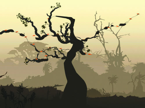 Projected silhouette of a tree with leaves and orange flowers against a misty jungle backdrop